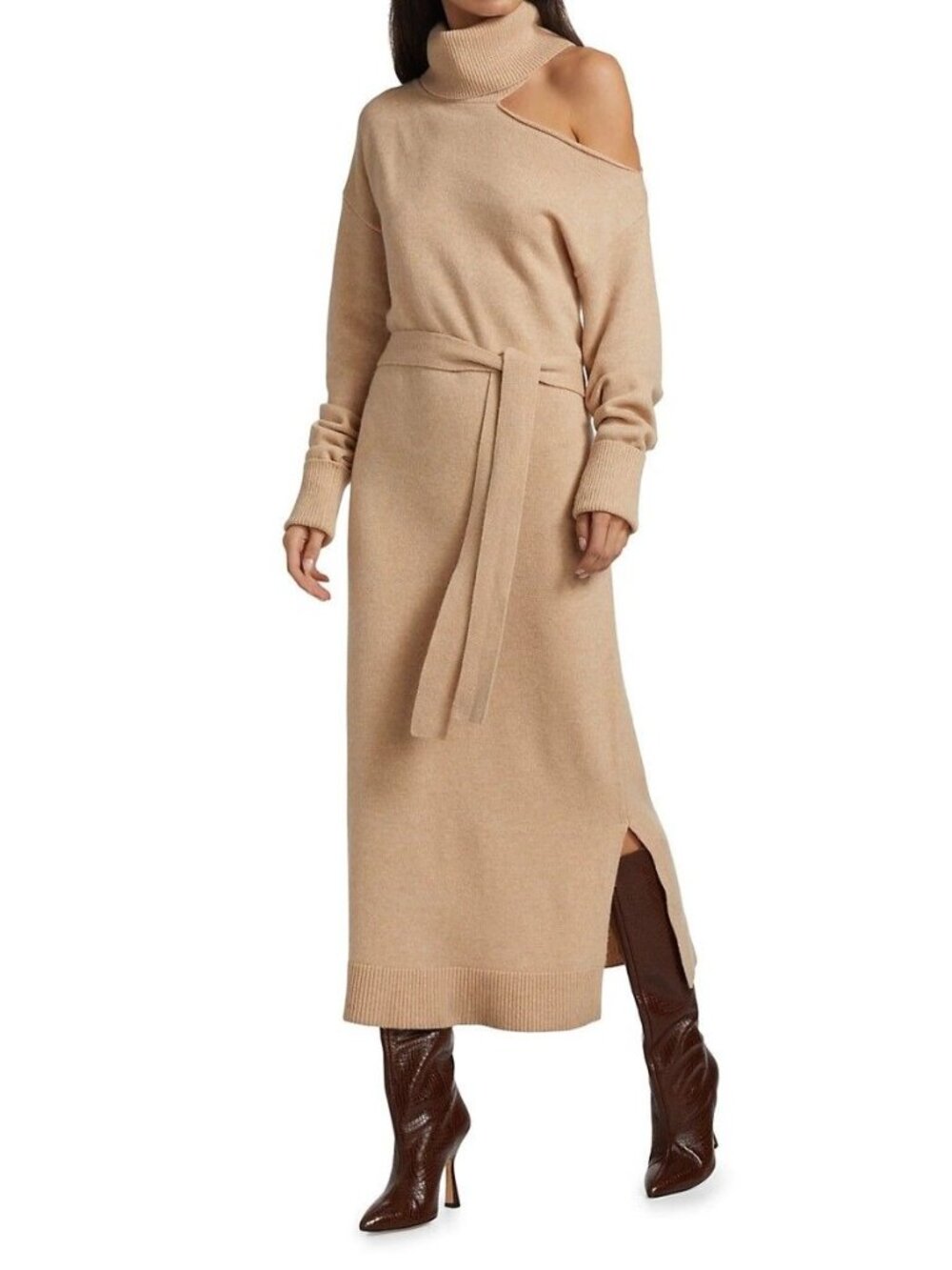 PAIGE Raundi Camel Beige Cold Shoulder Sweater Dress Size Large NEW NWT
